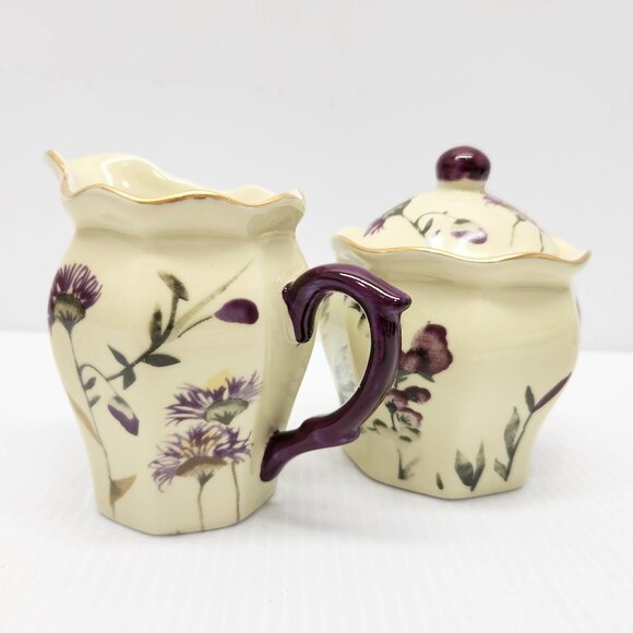 Vintage Creamer and Sugar Bowl Purple crocuses, mauve and gold   wedding gift - Picture 1 of 9